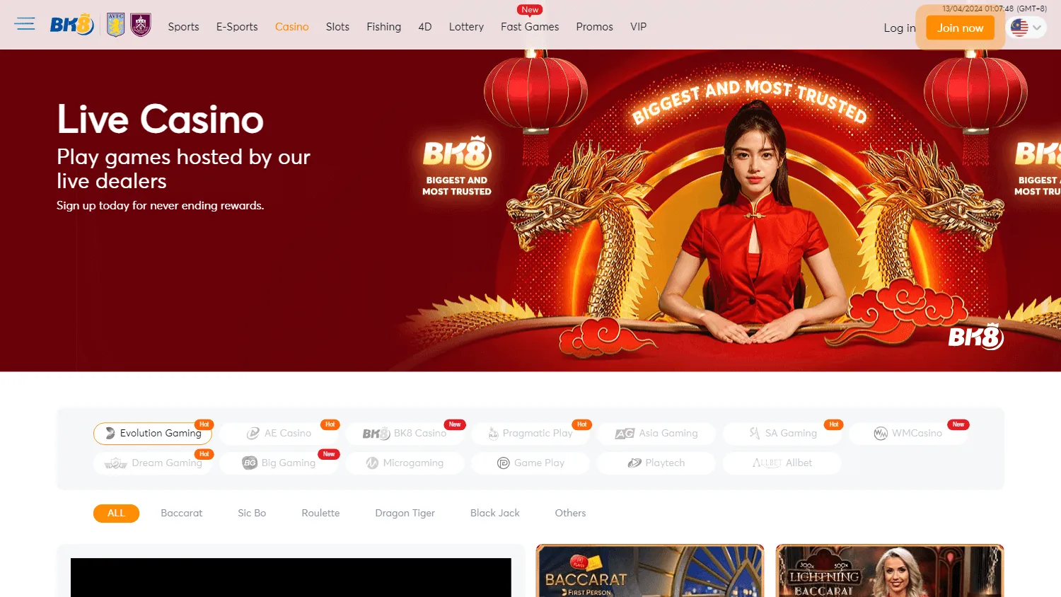 Bk8 Casino games screen on desktop