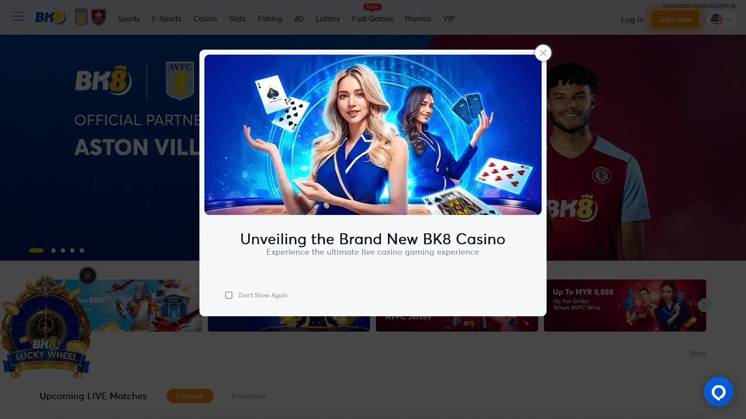 Bk8 Casino home screen on desktop