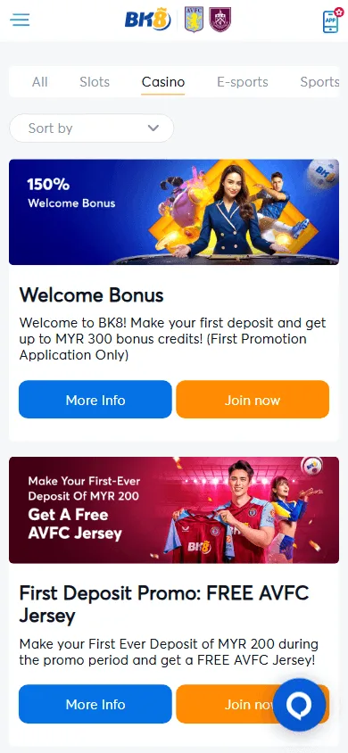 Bk8 Casino promotions screen on mobile