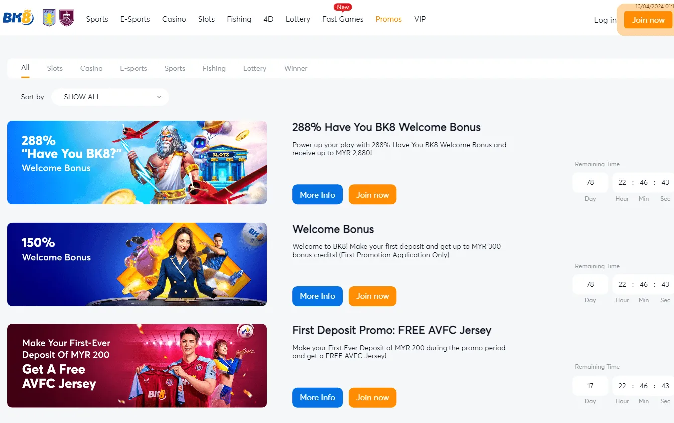 Bk8 Casino promotions screen on desktop